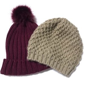 Old Navy Wine Rib Knitted Faux Fur Pom Pom & Beige Honeycomb Knit Beanie Hat
